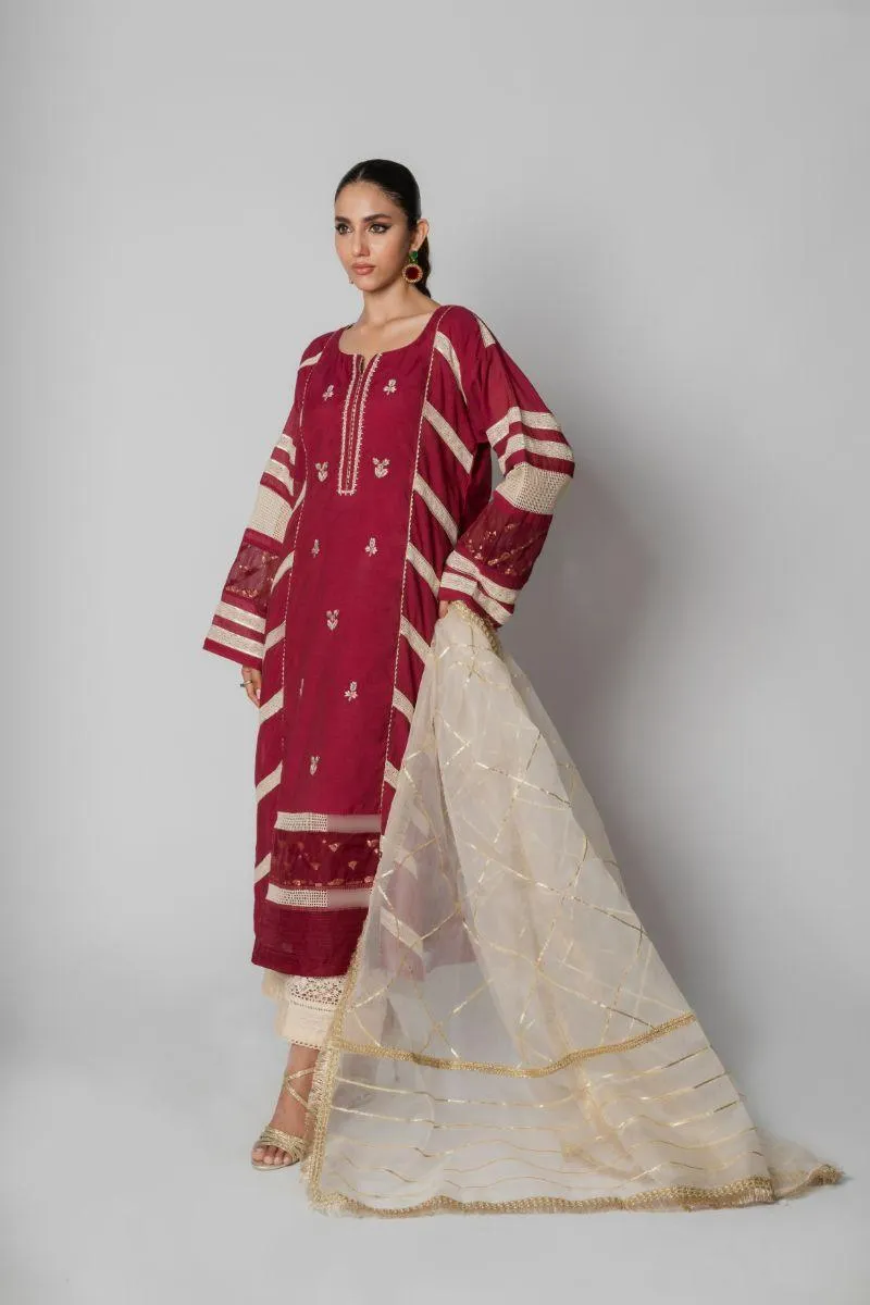 Insia Sohail - Mehnaz - Maroon - Kora cotton