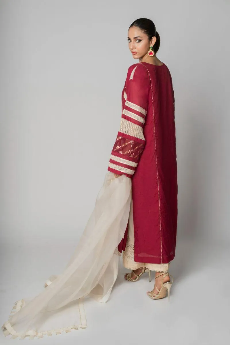 Insia Sohail - Mehnaz - Maroon - Kora cotton