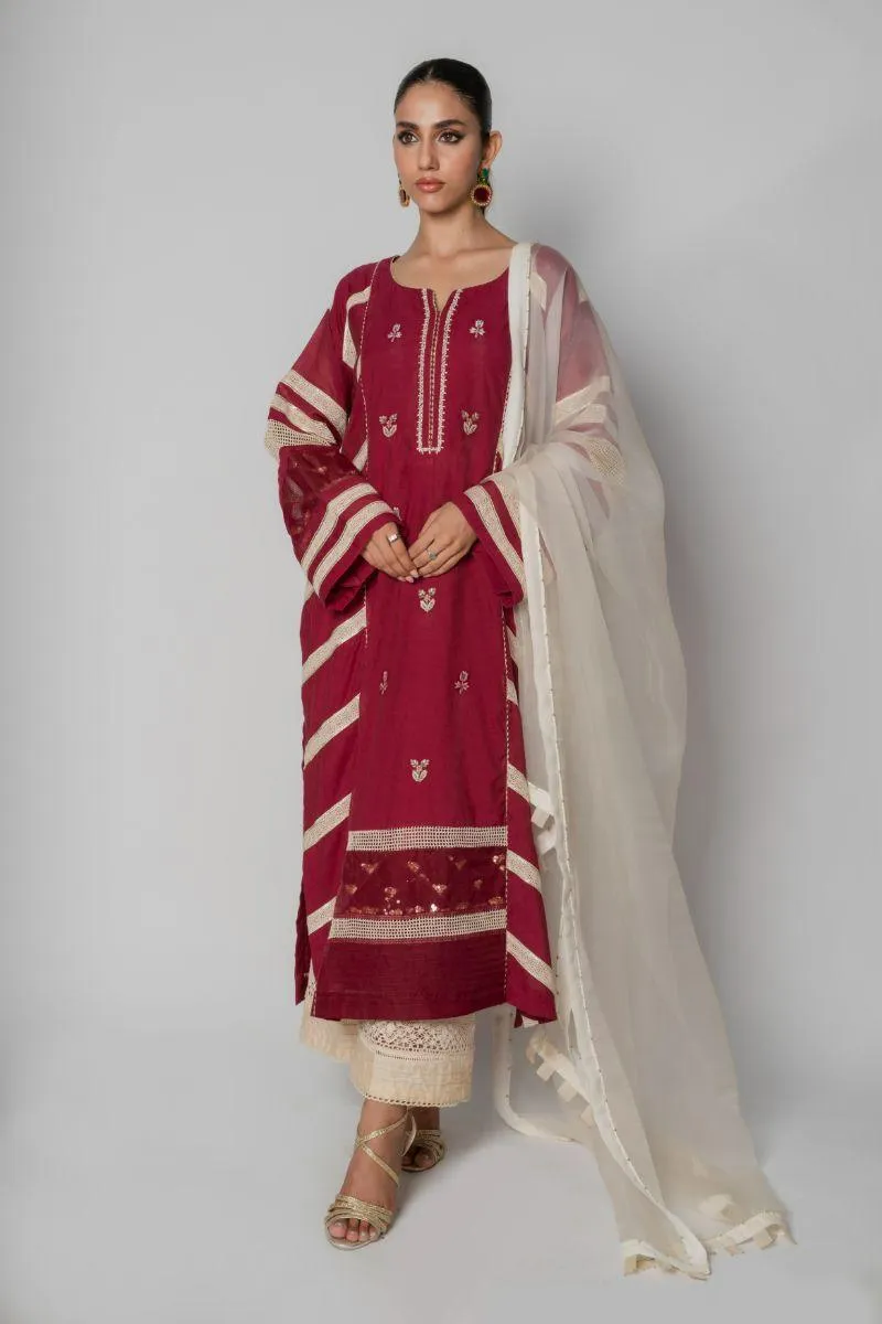 Insia Sohail - Mehnaz - Maroon - Kora cotton