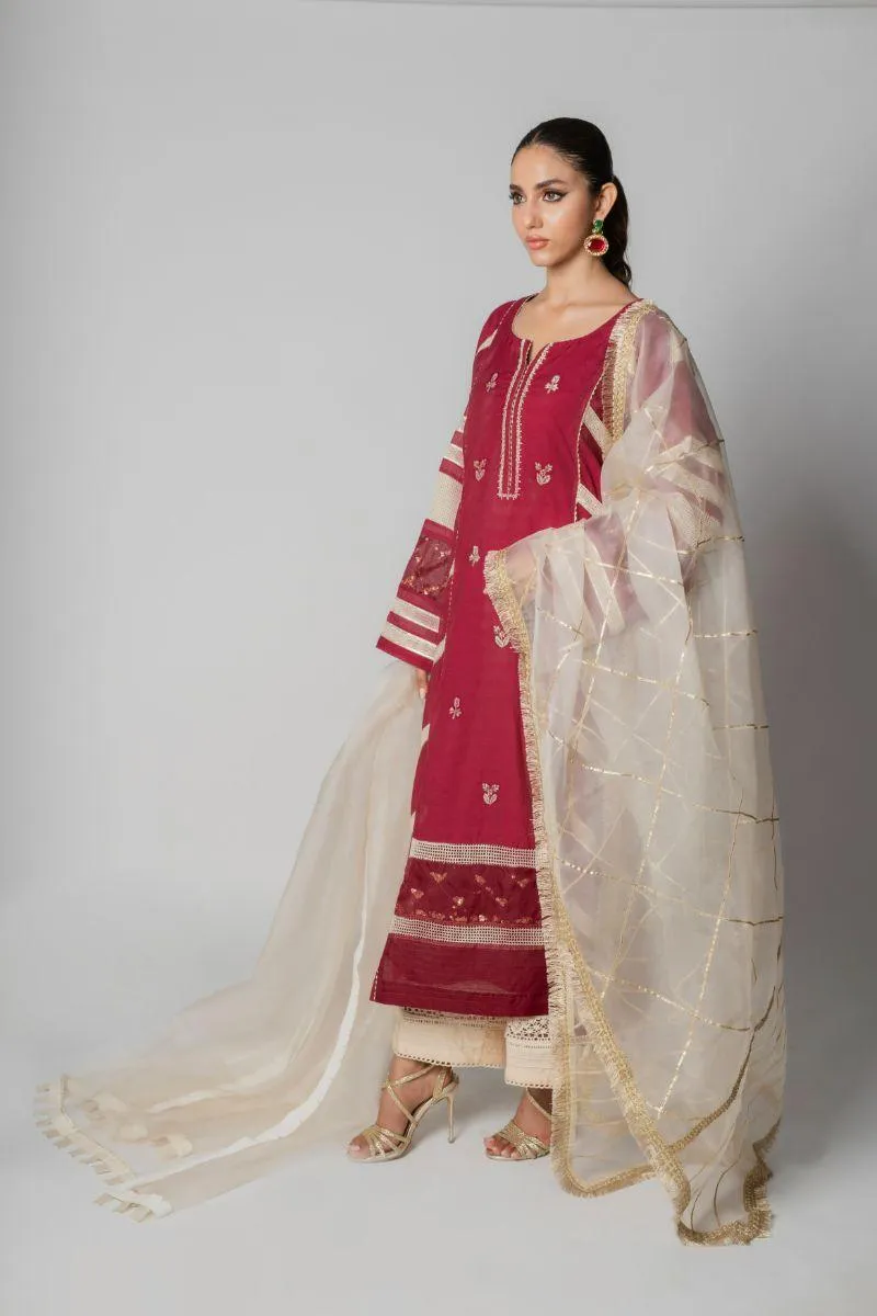 Insia Sohail - Mehnaz - Maroon - Kora cotton