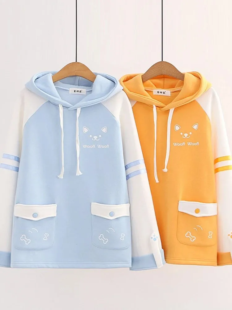 Japan Kawaii Fleece Warm Hoodie Women Cute Clothes Yellow Girls Thick Sweatshirt Female Winter Hooded Long Sleeve Pullovers Blue