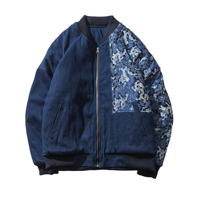 Japanese Retro Stitching Chinese Pattern Embroidery Men Hooded Jacket