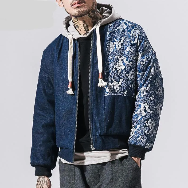 Japanese Retro Stitching Chinese Pattern Embroidery Men Hooded Jacket