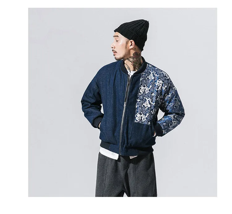 Japanese Retro Stitching Chinese Pattern Embroidery Men Hooded Jacket