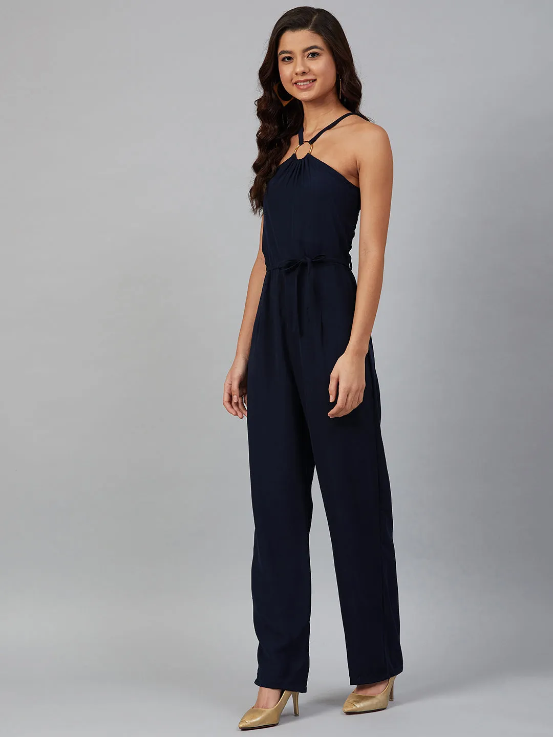 Jashvi Women Navy Blue Solid Basic Halter Neck Basic Jumpsuit