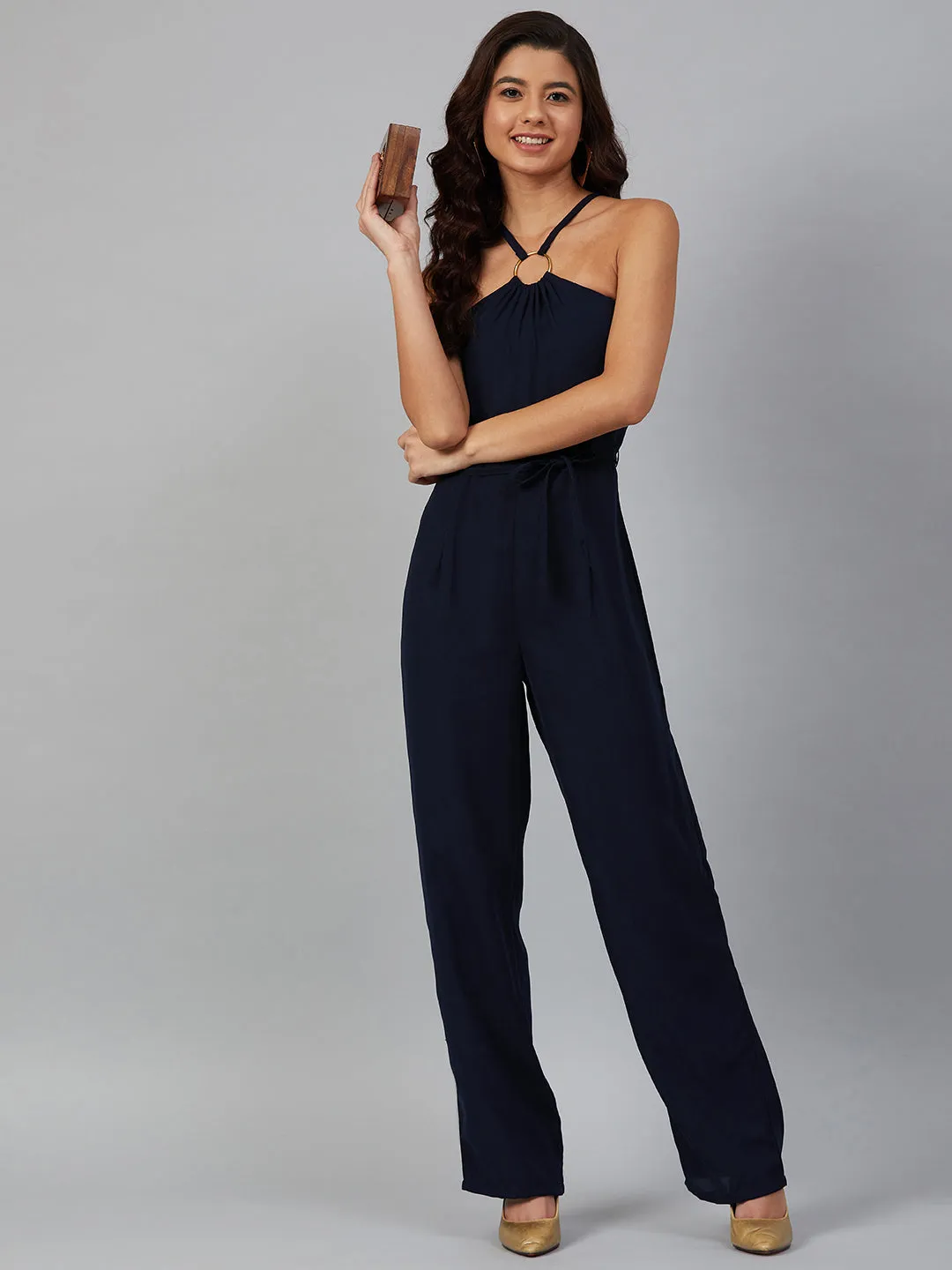 Jashvi Women Navy Blue Solid Basic Halter Neck Basic Jumpsuit