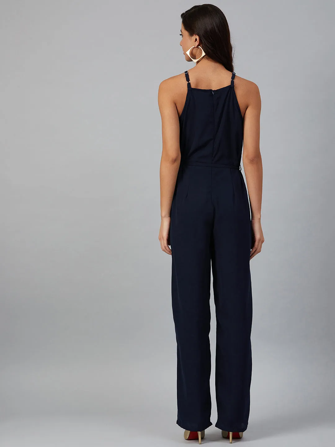 Jashvi Women Navy Blue Solid Basic Halter Neck Basic Jumpsuit