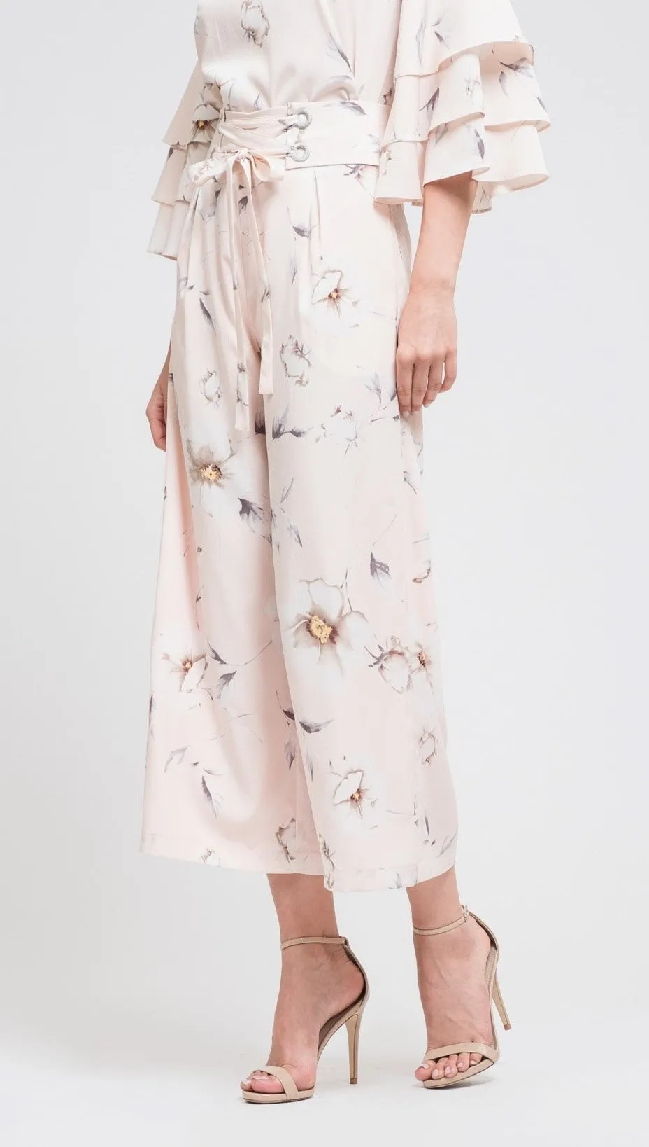 JOA Wide Leg Crop Pants Lace-Up Belt in Blush Floral Print