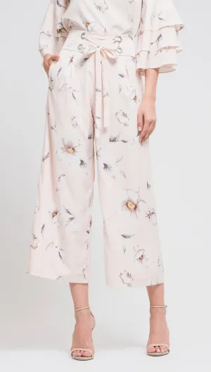 JOA Wide Leg Crop Pants Lace-Up Belt in Blush Floral Print