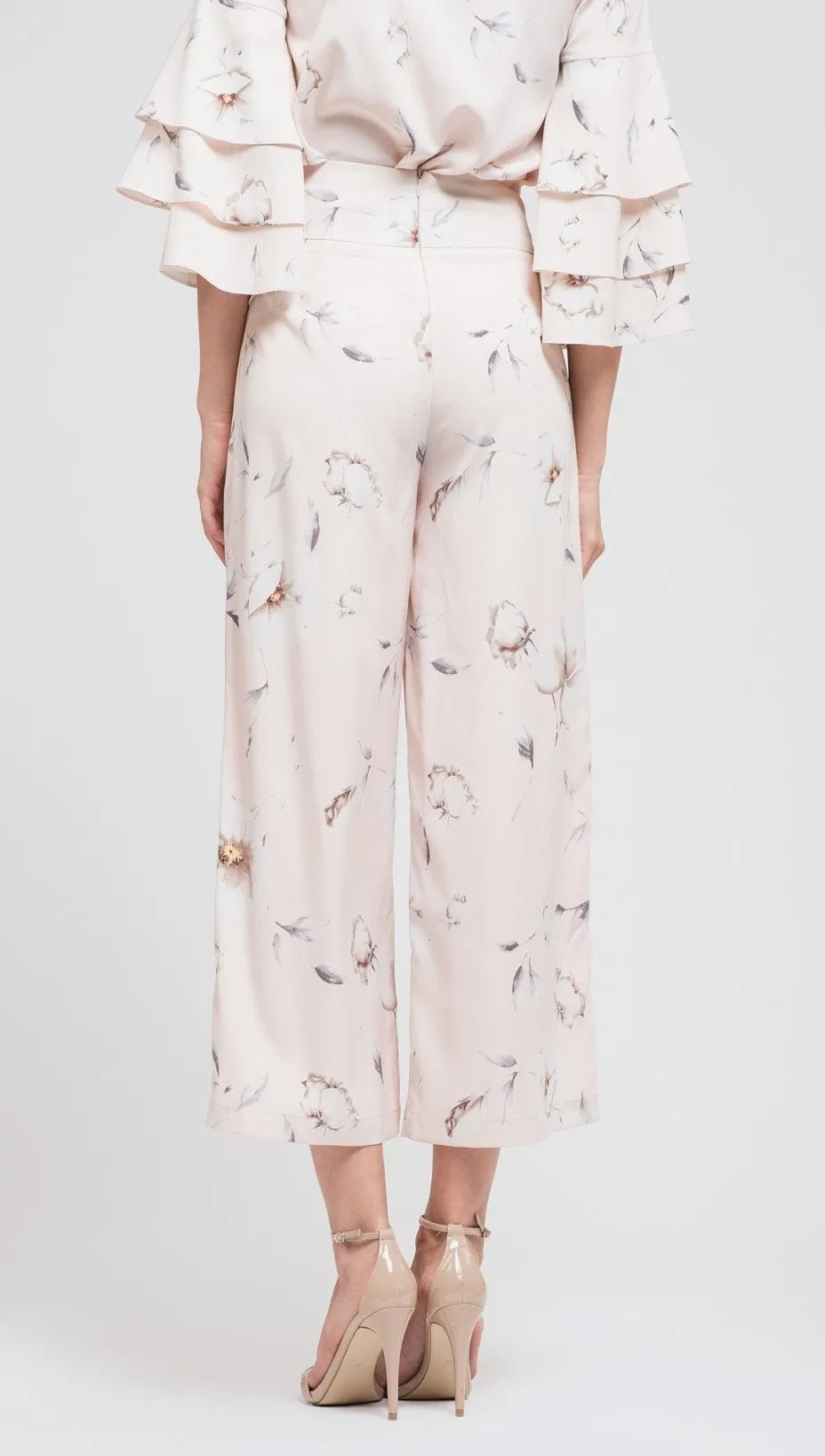 JOA Wide Leg Crop Pants Lace-Up Belt in Blush Floral Print