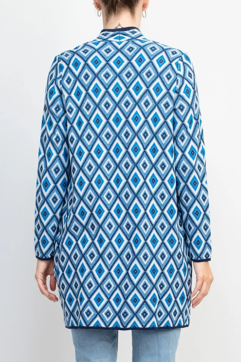 Kasper Open Front Piping Detail Diamond Jacquard Cardigan