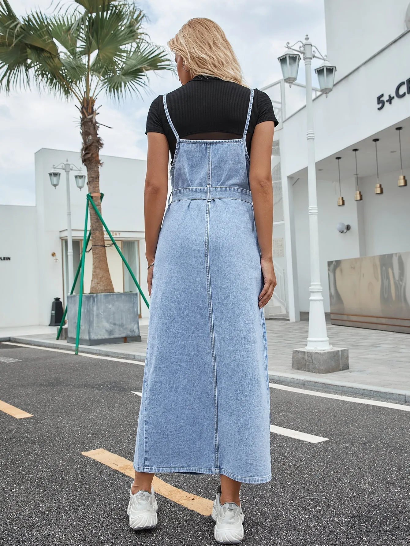 KittenAlarm - Denim Maxi Cami Dress with Self Waist Tie