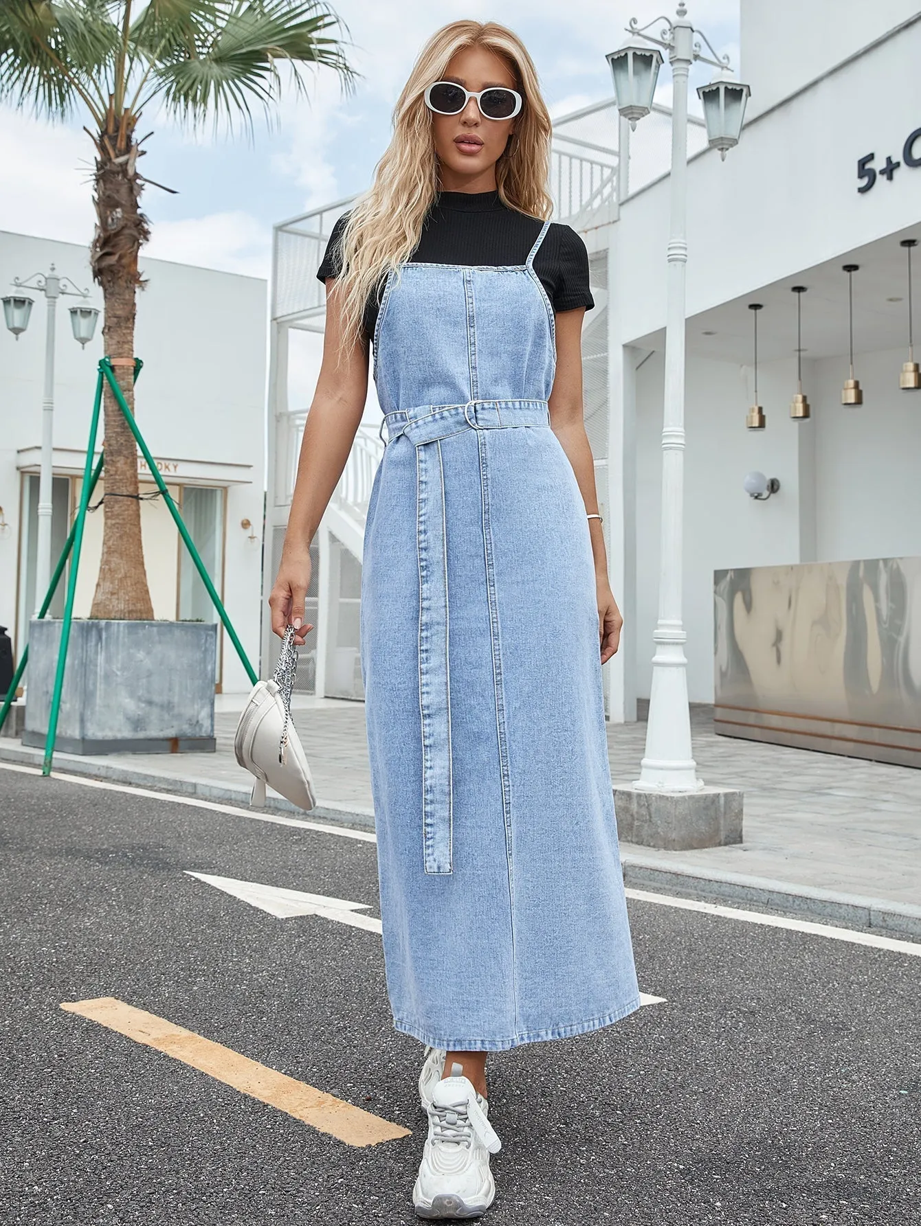 KittenAlarm - Denim Maxi Cami Dress with Self Waist Tie