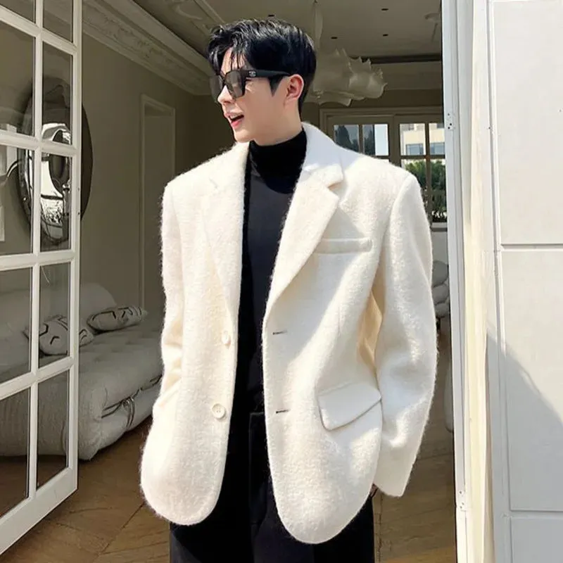 Korean Chic Men's Woolen Suit Jacket Fashion Lapel Single Breasted Male Blazer Spring Casual Men Clothing White 9C2886