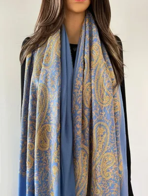 LARGE BABY BLUE PAISLEY CASHMERE COTTON BLEND WINTER SHAWL BLANKET SCARF