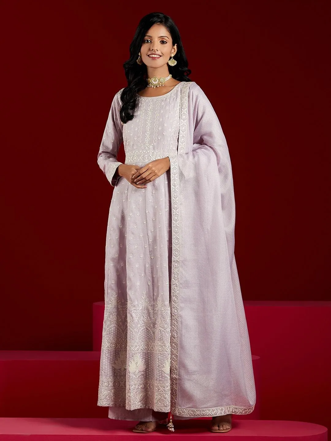 Libas Art Lilac Embroidered Silk A-Line Kurta With Palazzos & Dupatta