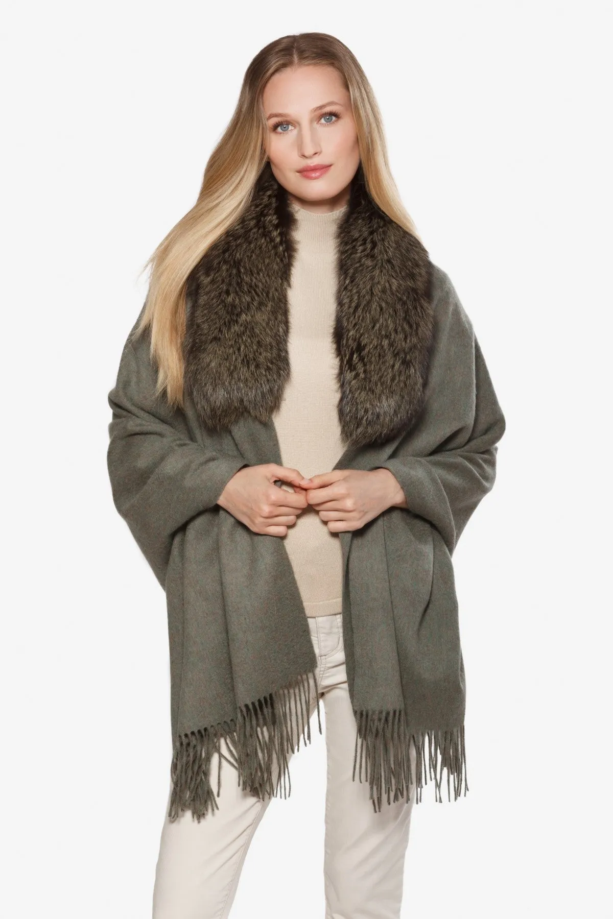 Linda Richards Fringe Shawl with Fox Fur KN-812 | Grey