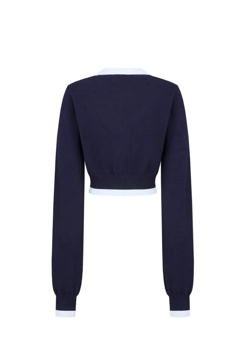 Logo Crop Knit Cardigan Navy Sky