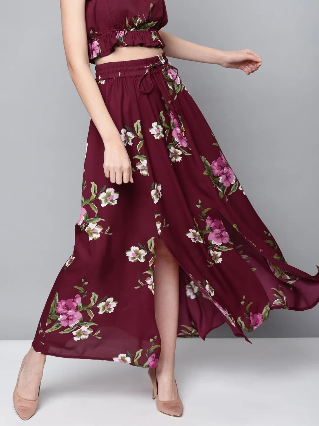 Maroon Floral Maxi Skirt