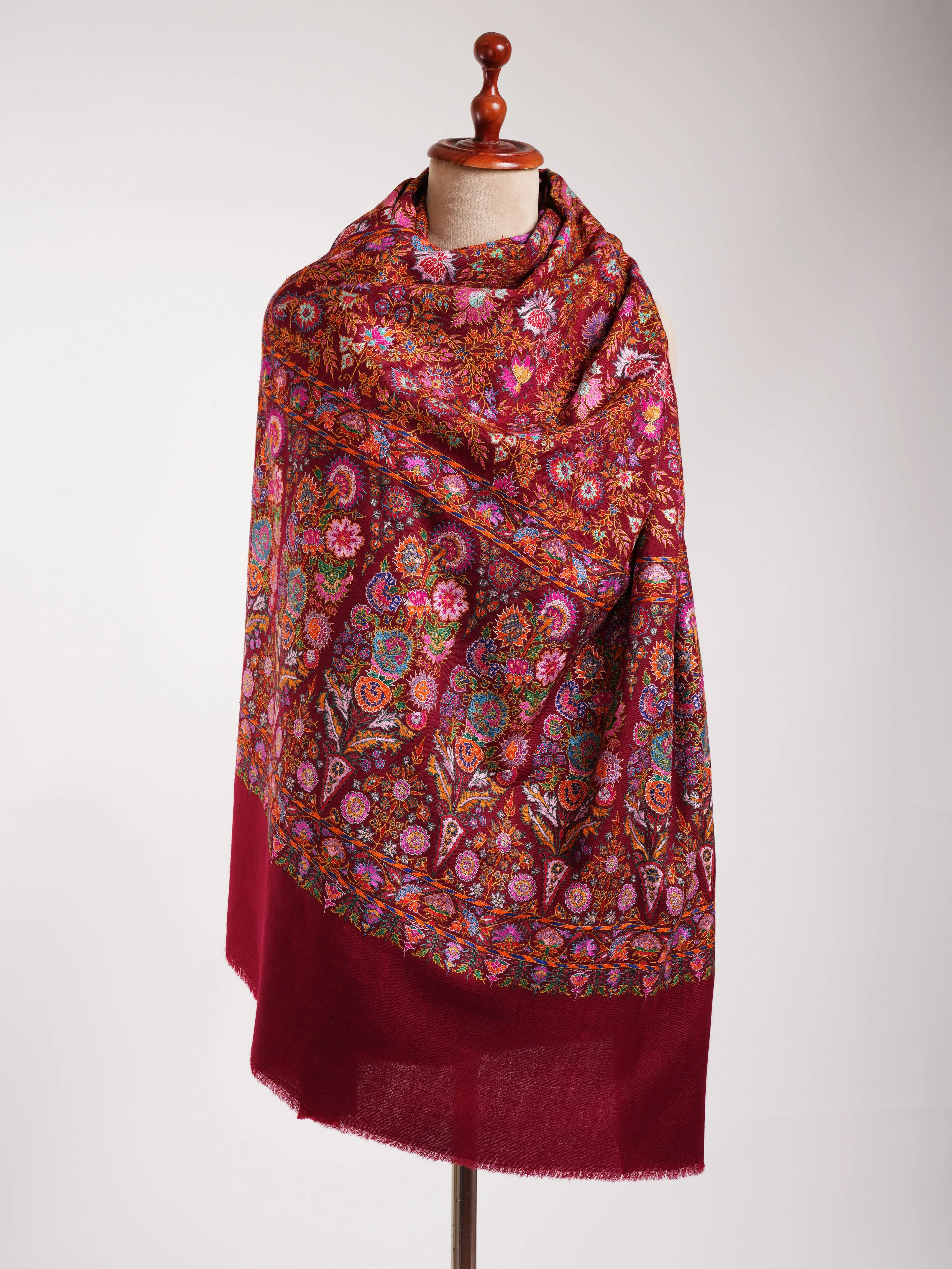 Maroon Hand Embroidered Pashmina Exclusive Jamavar Shawl