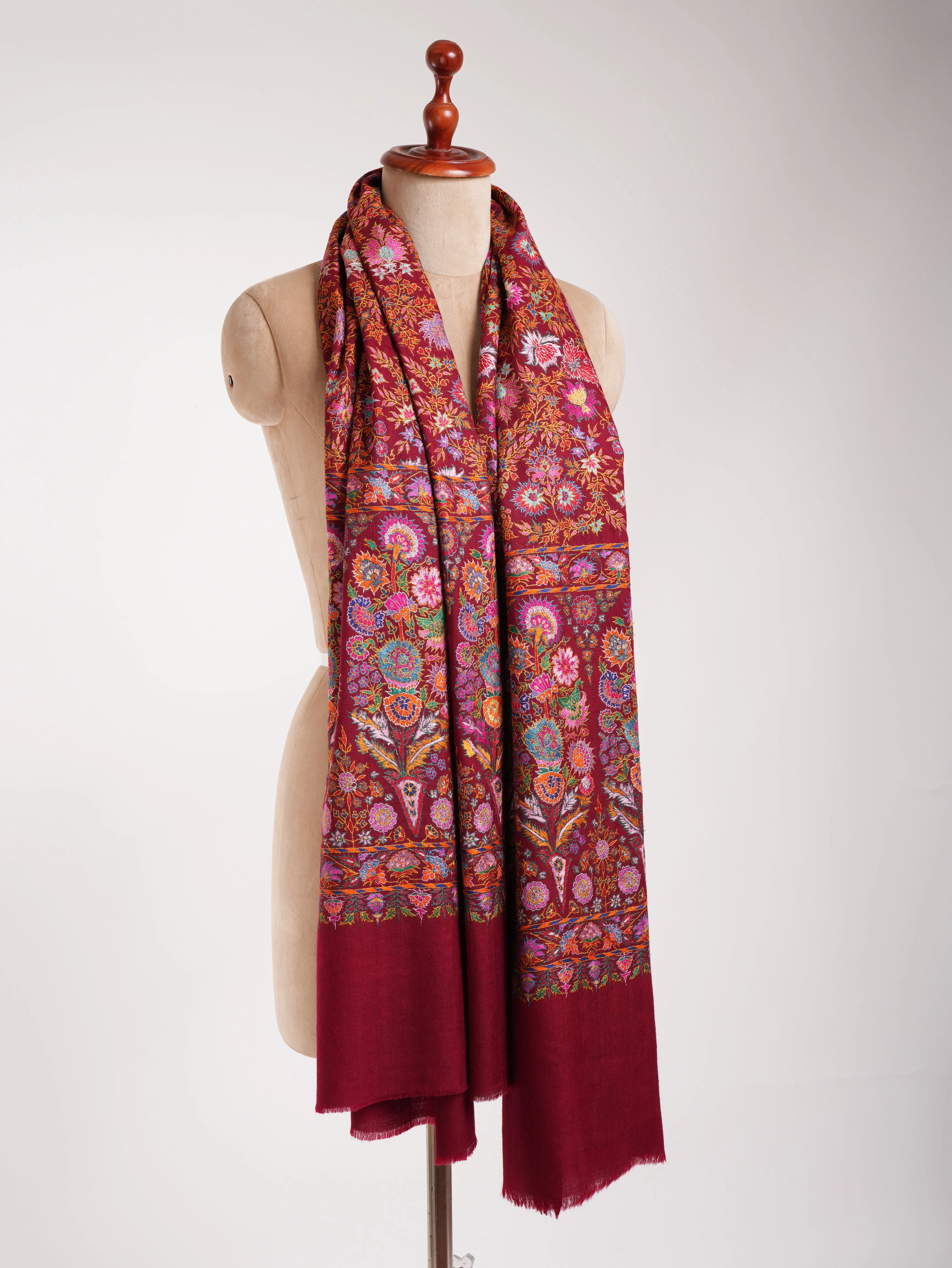 Maroon Hand Embroidered Pashmina Exclusive Jamavar Shawl