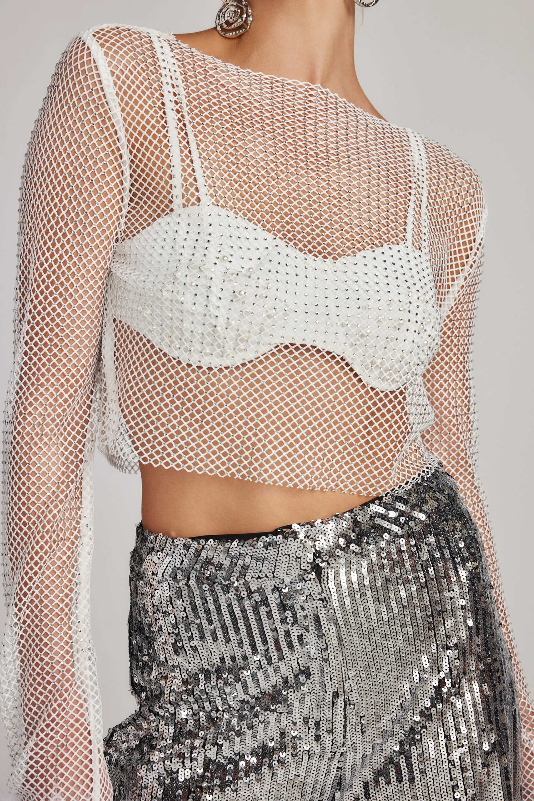 Martini White Rhinestone Mesh Top