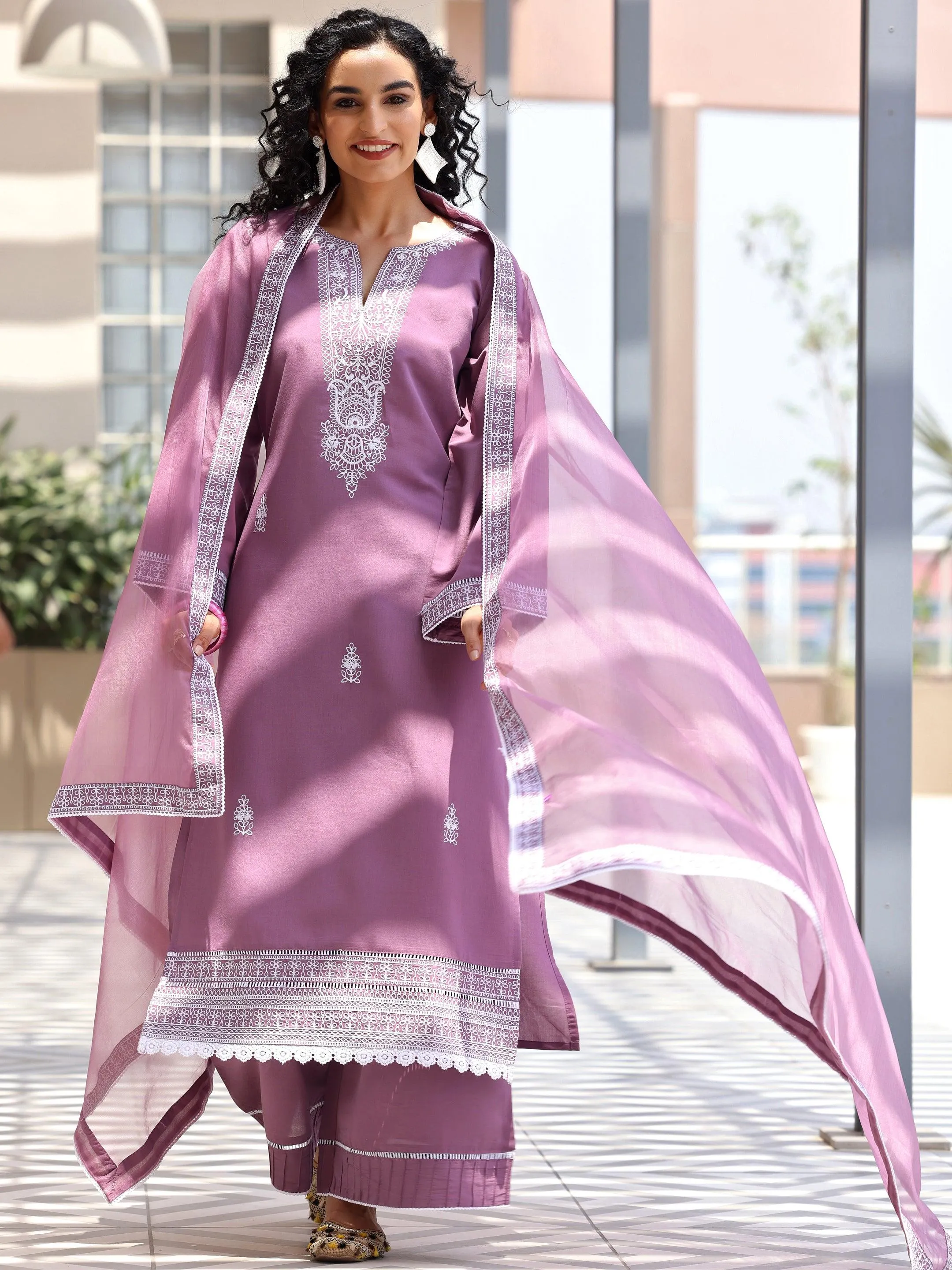 Mauve Embroidered Silk Blend Straight Suit With Dupatta