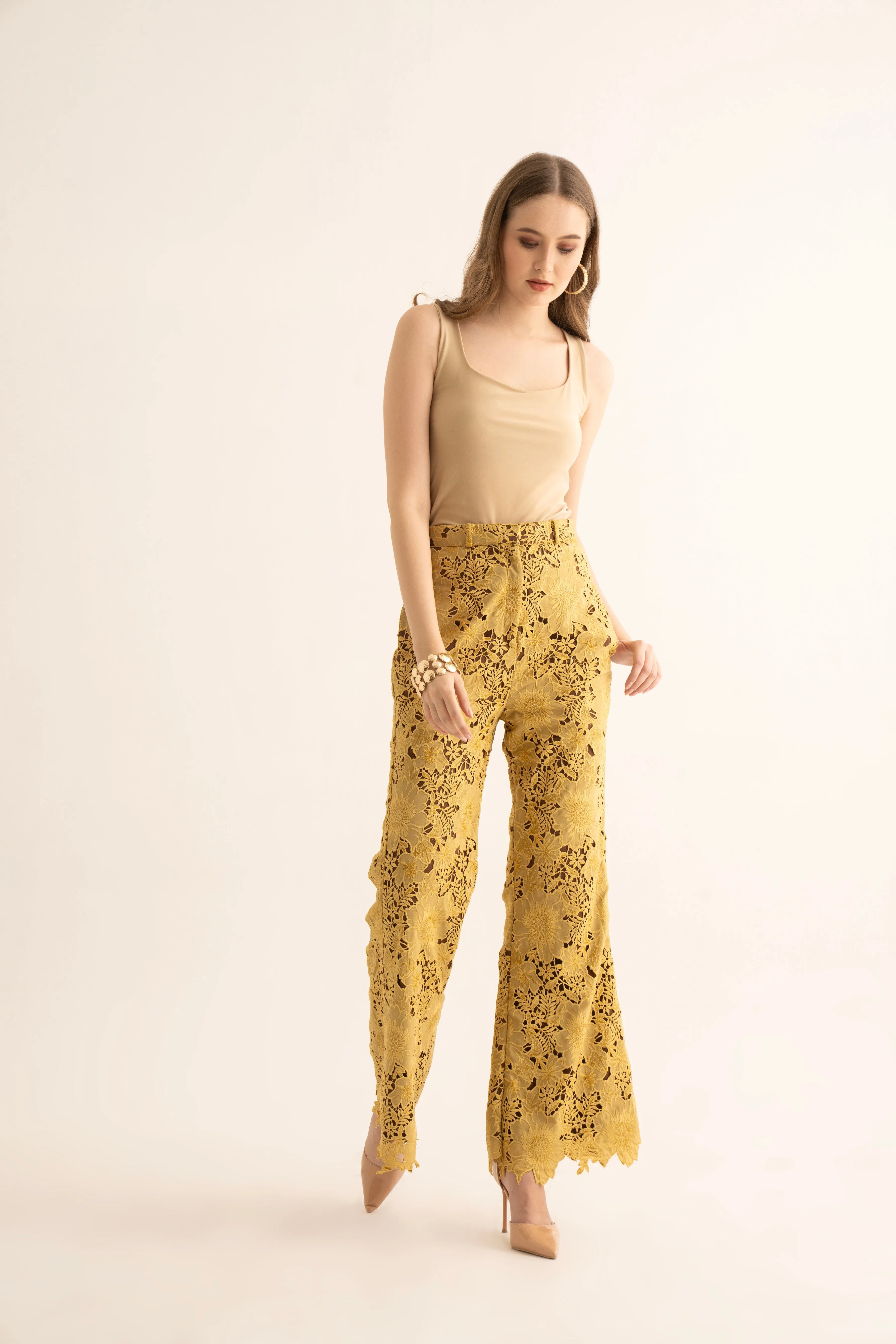 Mellow Yellow Cutwork Flared Pants