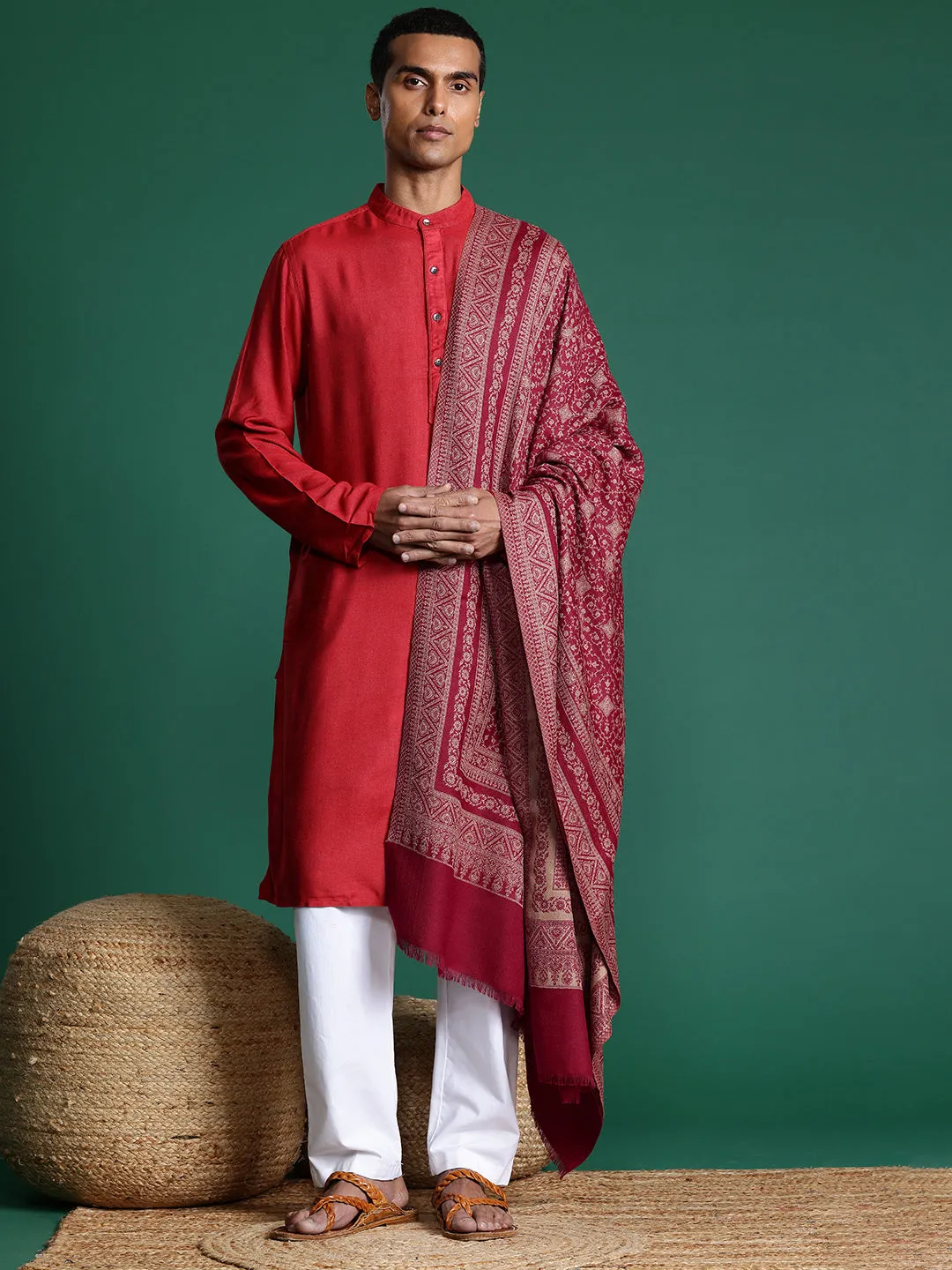 Men Ethnic Motifs Woven Embroidered Design Kashmiri Shawl