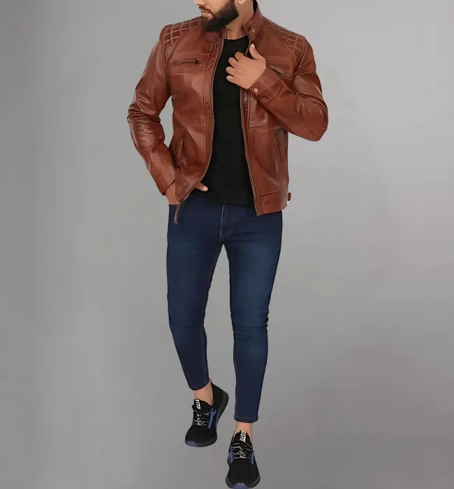 Men Genuine Distressed Leather Biker Jacket