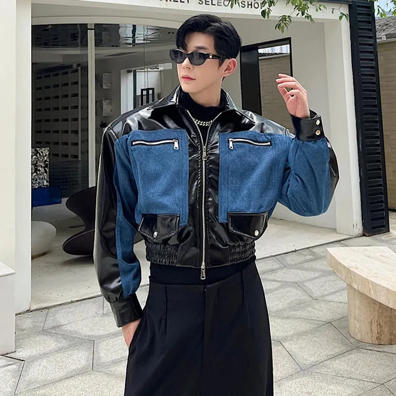 Men's Leather Jacket Denim Patchwork Silhouette Short Coat Loose Fashion Streetwear Korean Style Personaity Clothing 9C2134