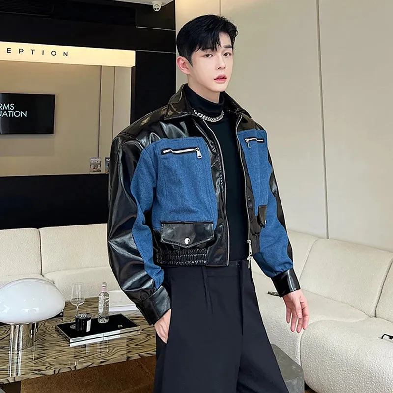 Men's Leather Jacket Denim Patchwork Silhouette Short Coat Loose Fashion Streetwear Korean Style Personaity Clothing 9C2134