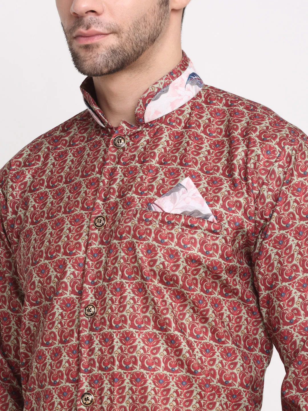 Men's Maroon & Beige Printed Kurta With White Dhoti Pant - Benstoke