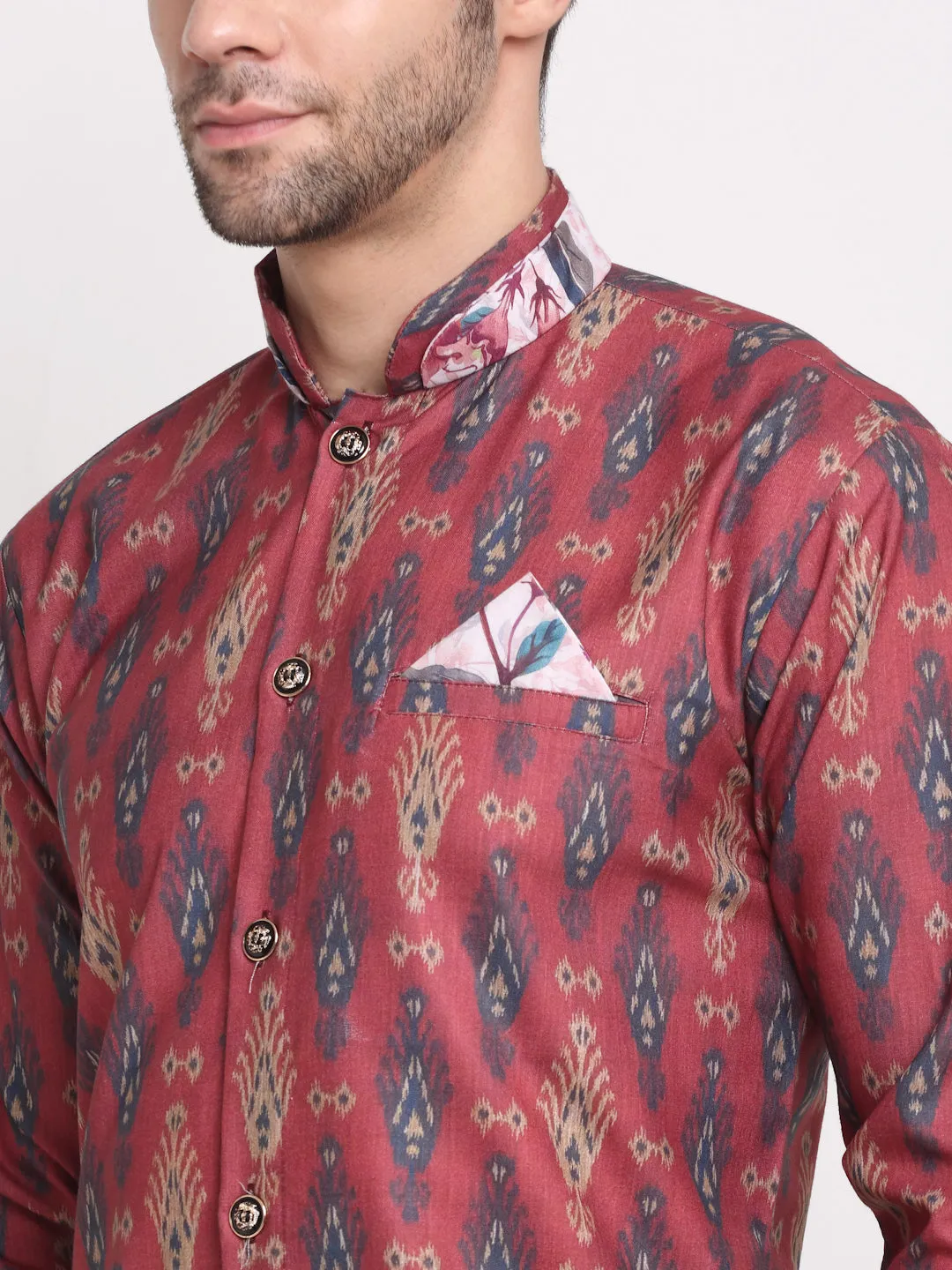 Men's Maroon & Navy Printed Kurta With White Dhoti Pant - Benstoke