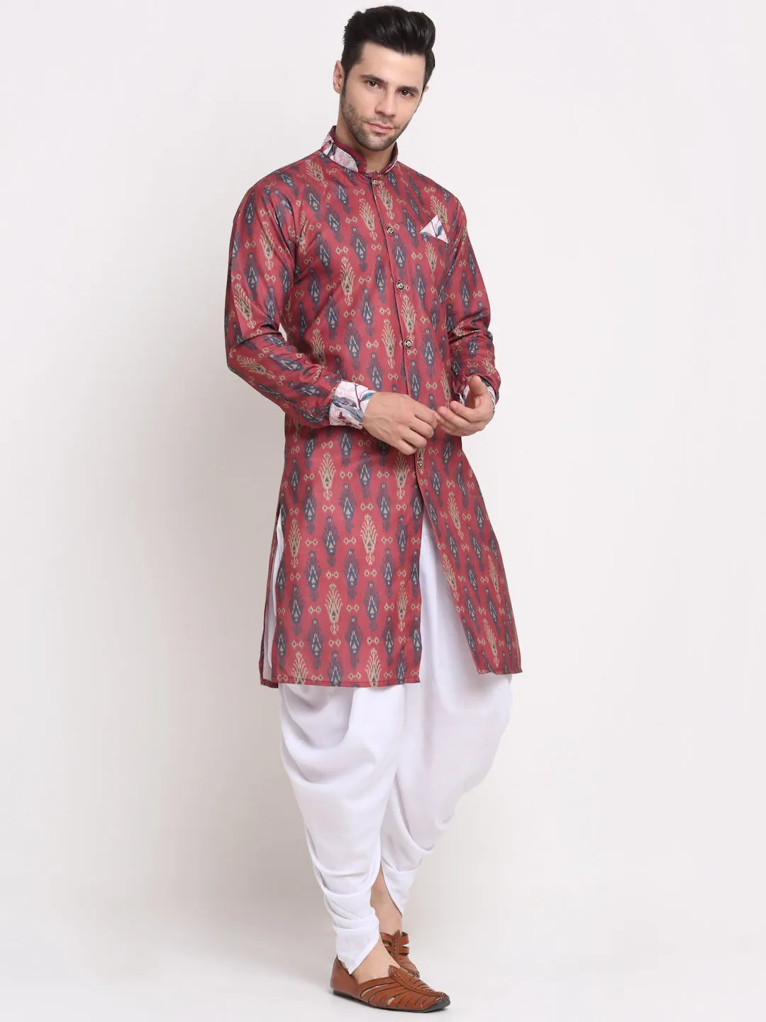 Men's Maroon & Navy Printed Kurta With White Dhoti Pant - Benstoke