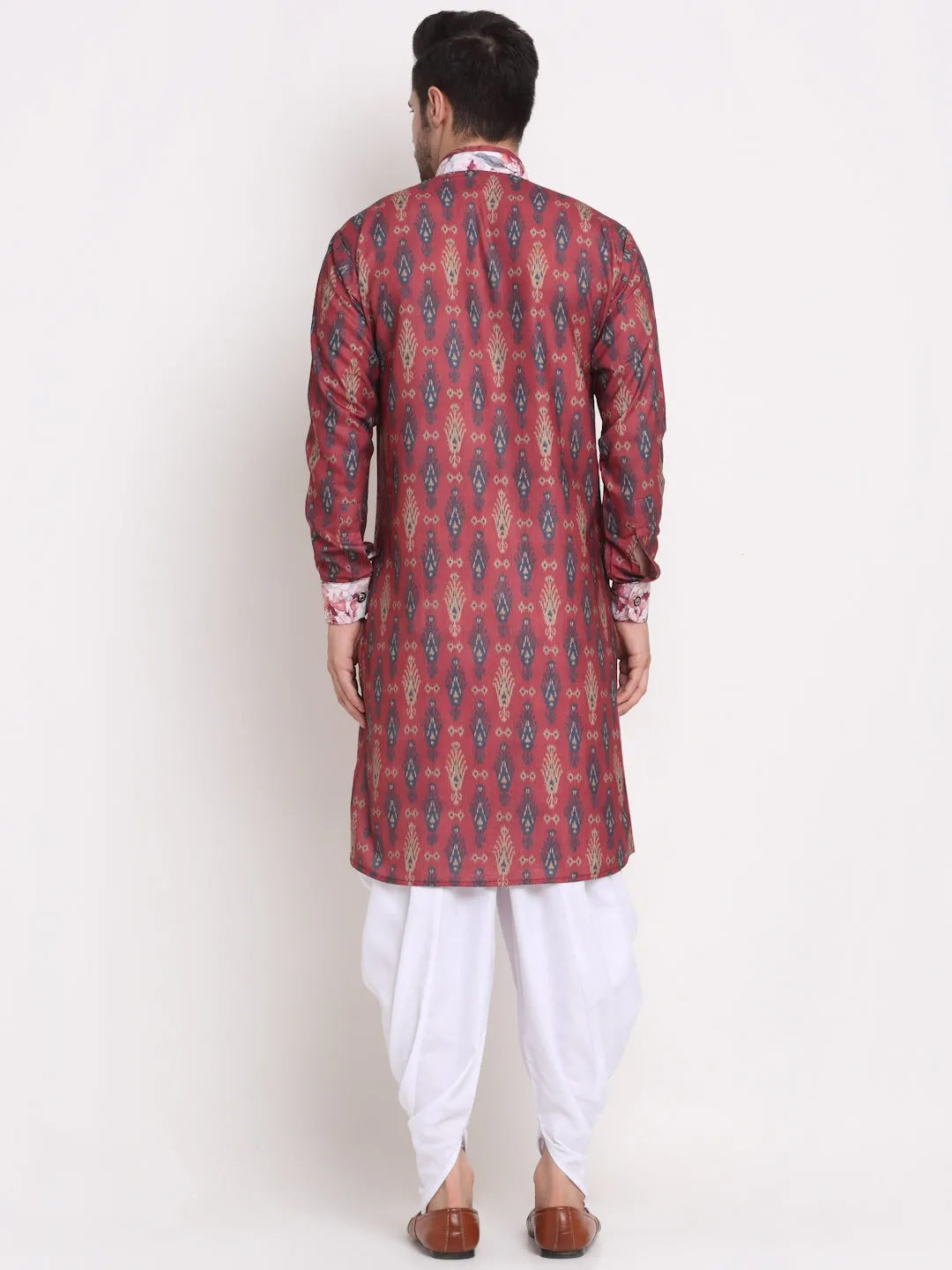 Men's Maroon & Navy Printed Kurta With White Dhoti Pant - Benstoke