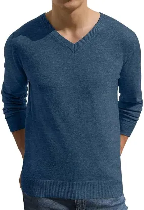 Men's V-Neck Casual Sweater Structured Knit Pullover - Blue