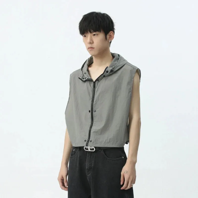 Men's Vest Coat Fashion Hooded Zipper Sleeveless Workwear Casual Summer Male Waistcoat Solid Color Loose 9C5328