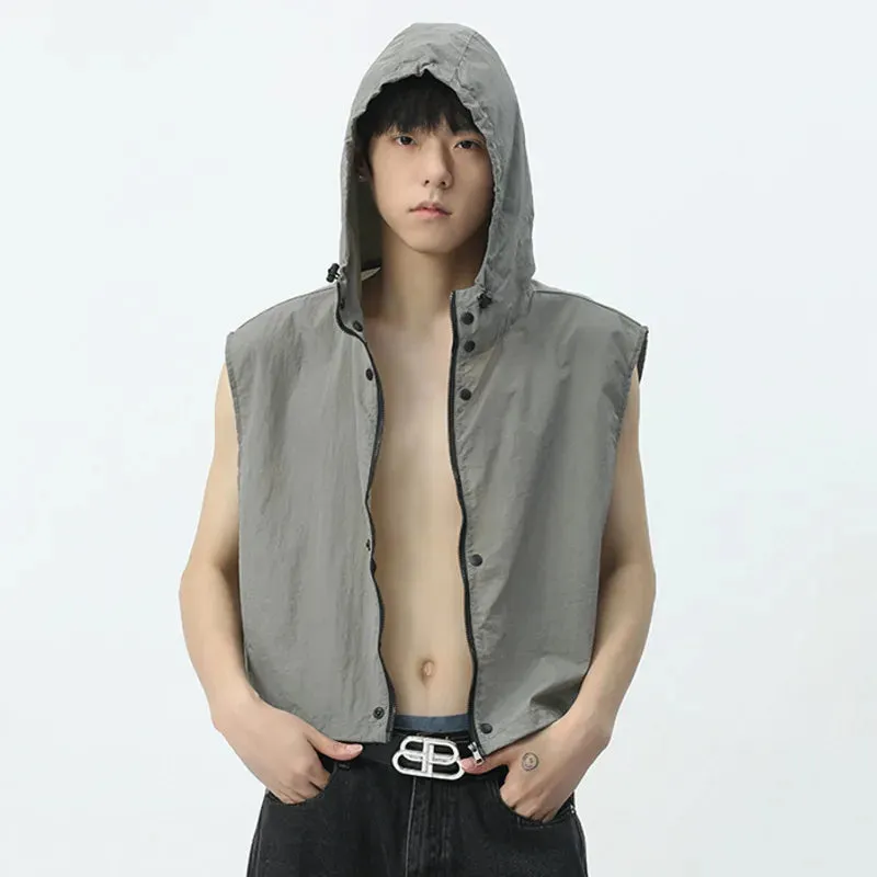 Men's Vest Coat Fashion Hooded Zipper Sleeveless Workwear Casual Summer Male Waistcoat Solid Color Loose 9C5328