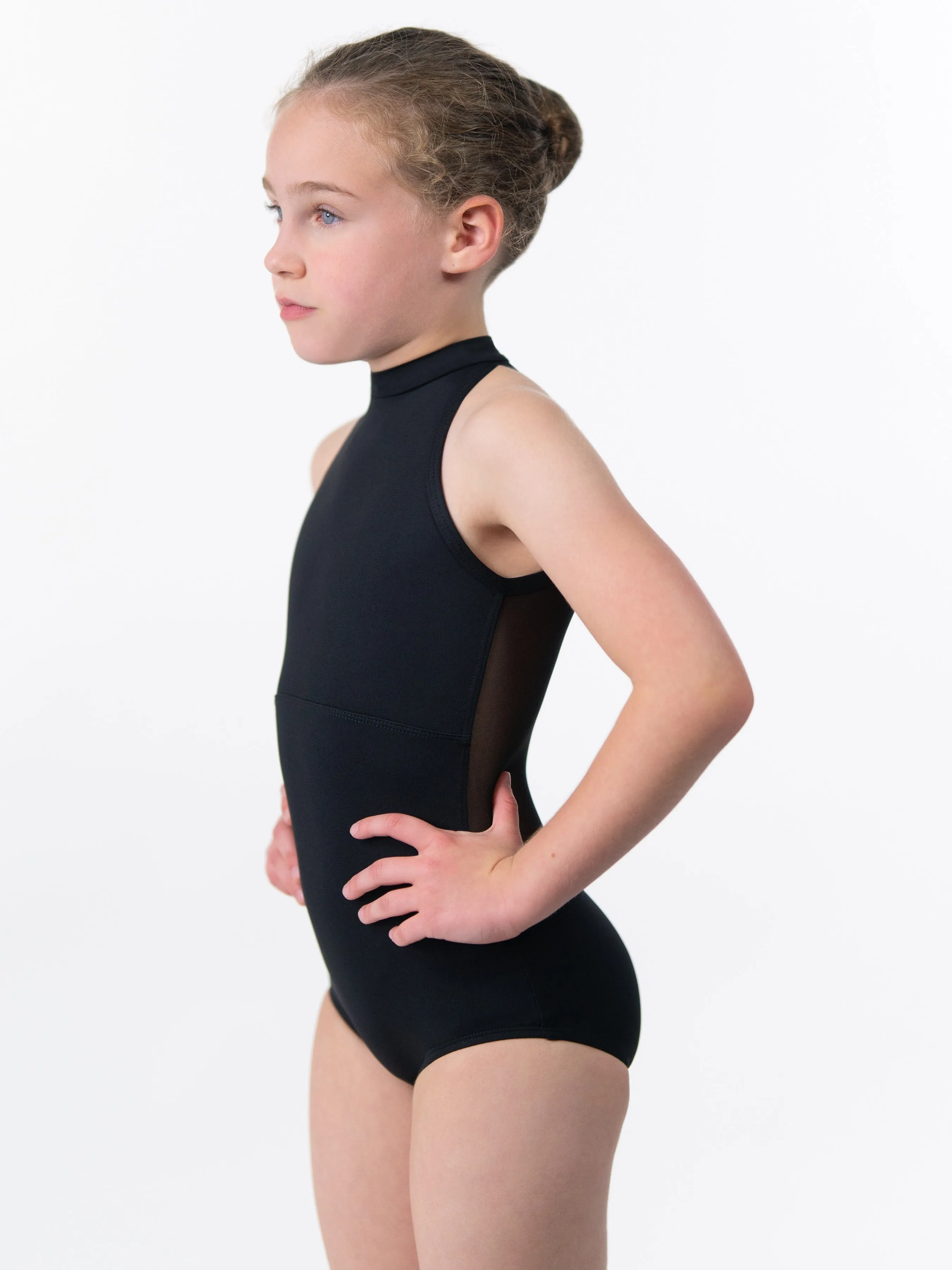 Mock Turtleneck Child Size Leotard with Mesh Zip Back