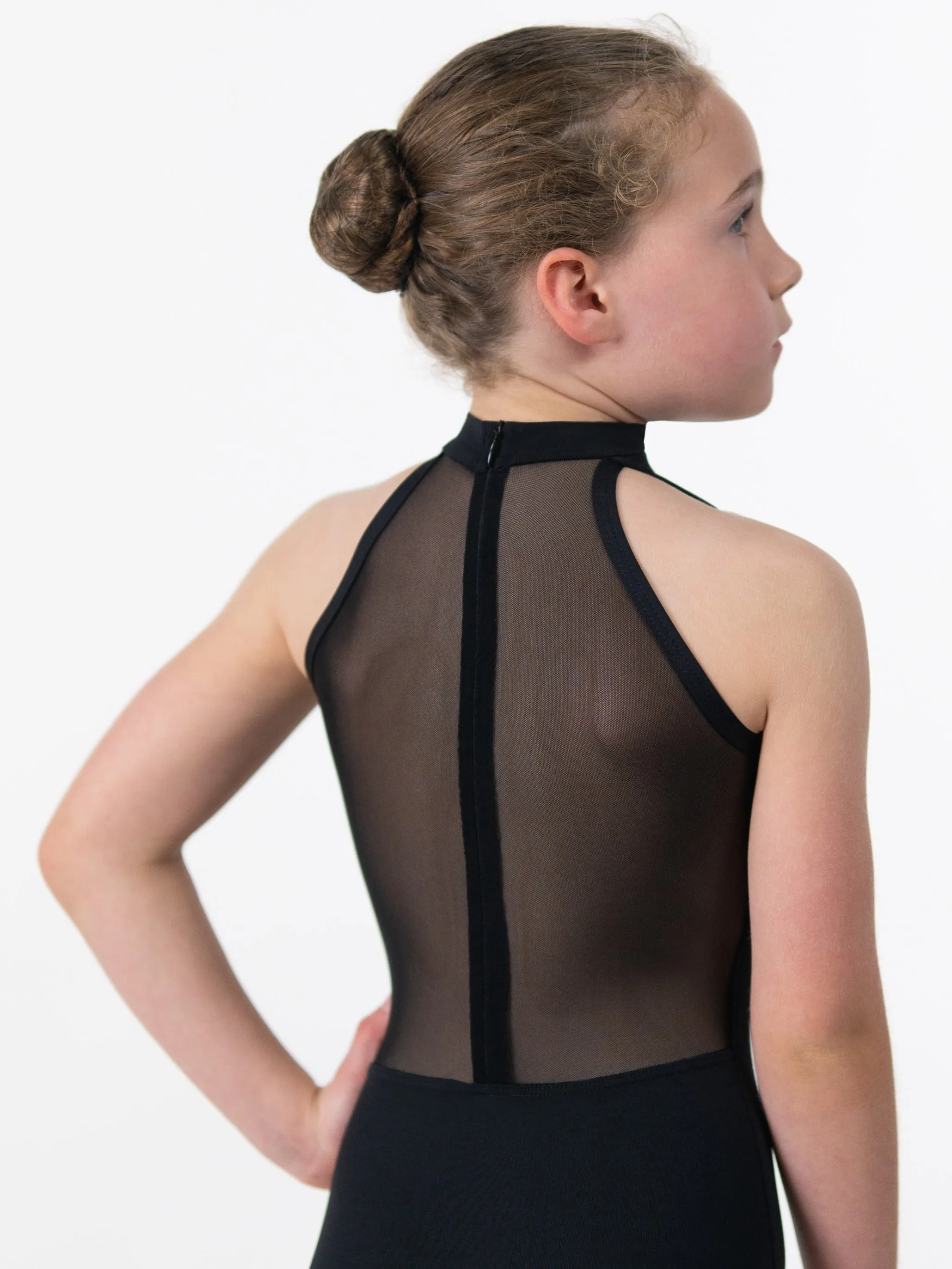 Mock Turtleneck Child Size Leotard with Mesh Zip Back