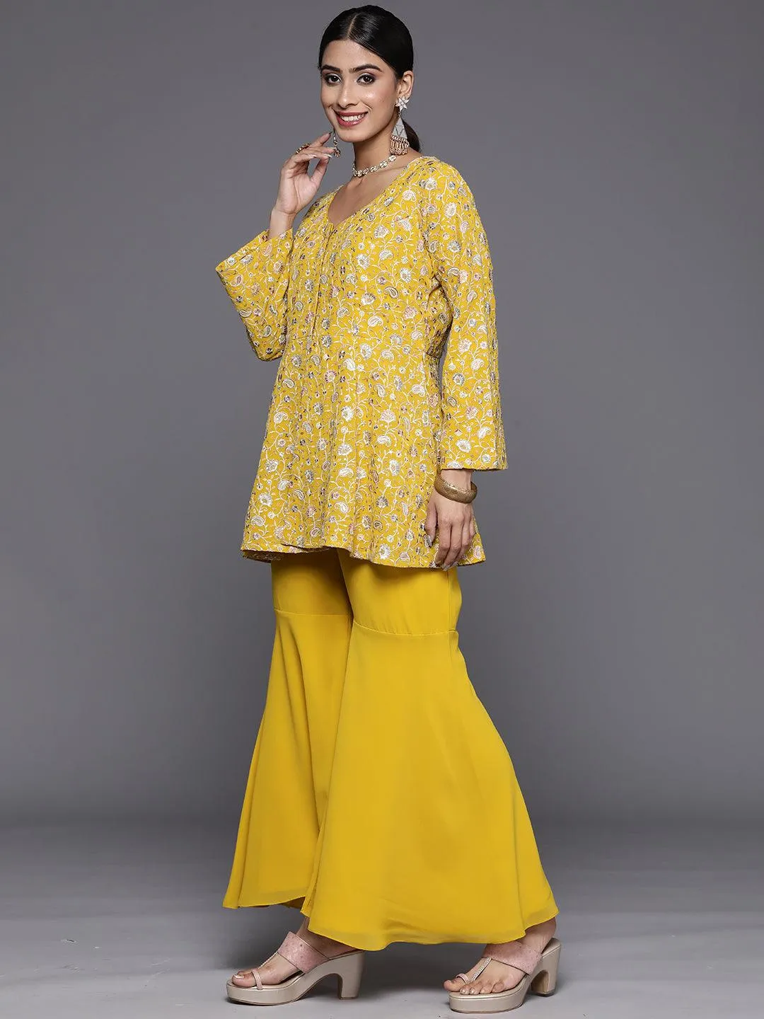 Mustard Embellished Georgette Tunic With Sharara