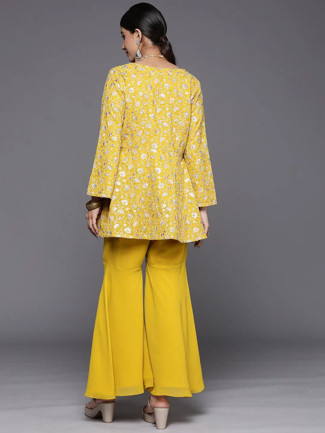 Mustard Embellished Georgette Tunic With Sharara