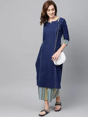 Navy Blue Kurta set with Cream Multi colored Culottes