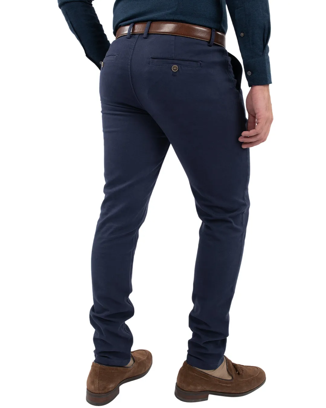 Navy Stretch Cotton Diamond Weave Chino Trousers