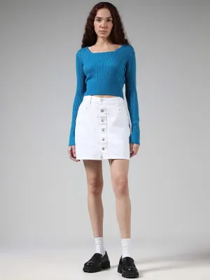 Nuon Solid Blue Lace Knitted Crop Sweater