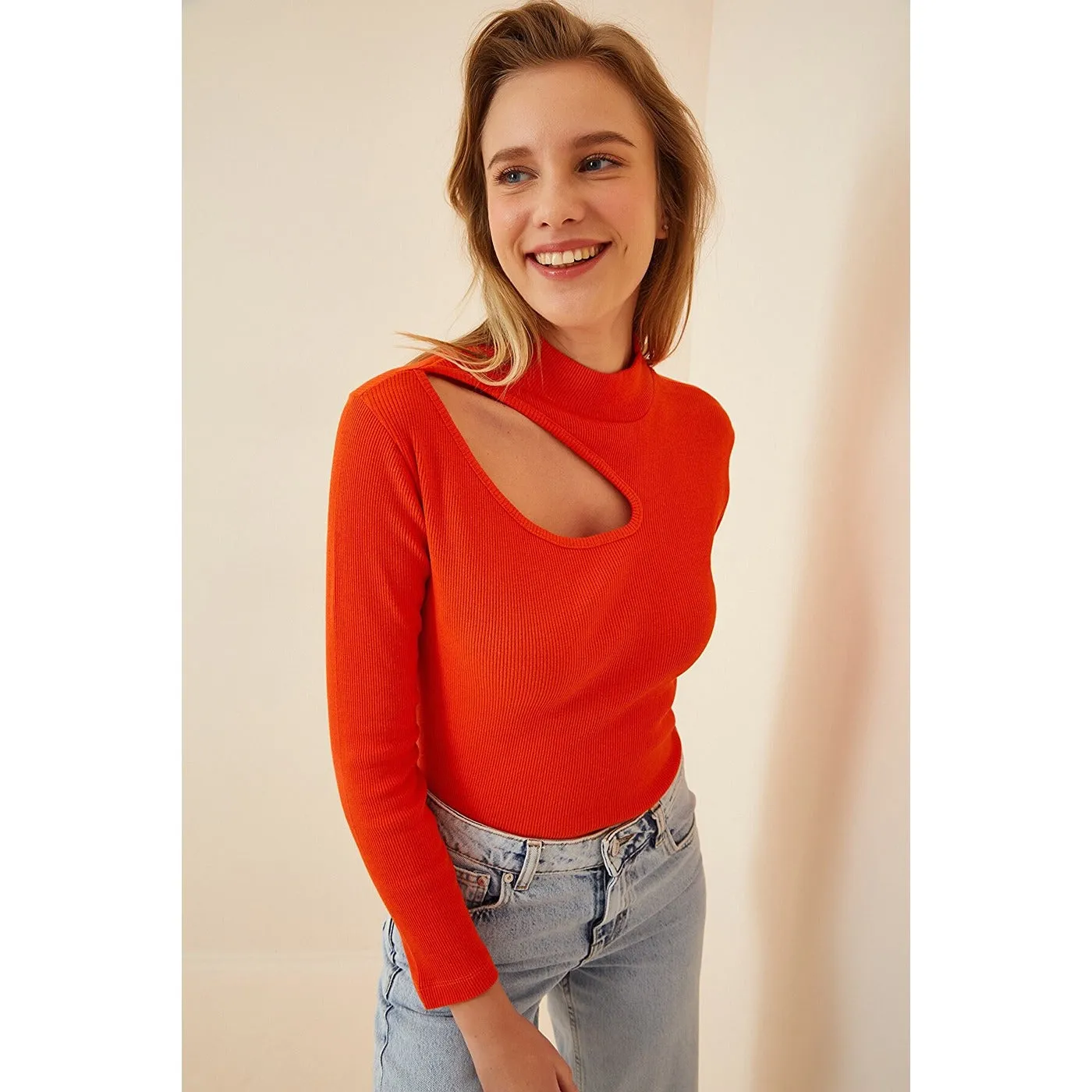 Orange Cut Out Detailed Ribbed Knitted Blouse