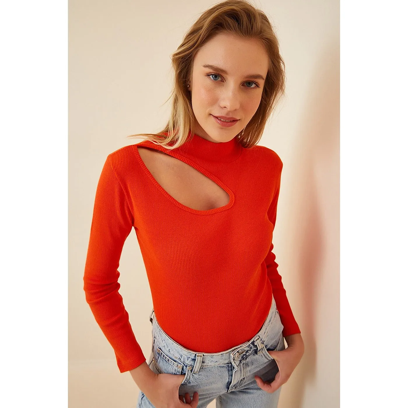 Orange Cut Out Detailed Ribbed Knitted Blouse