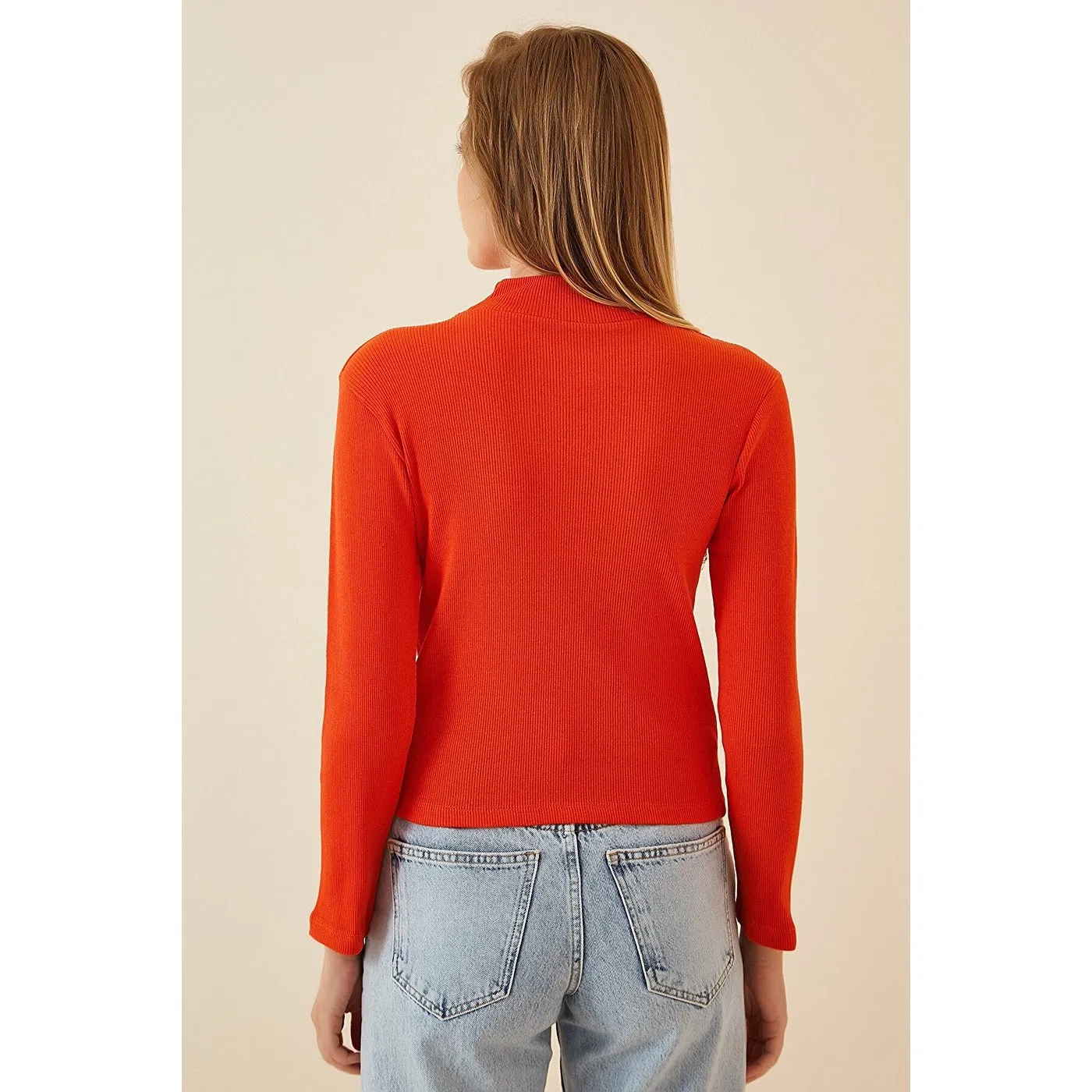 Orange Cut Out Detailed Ribbed Knitted Blouse