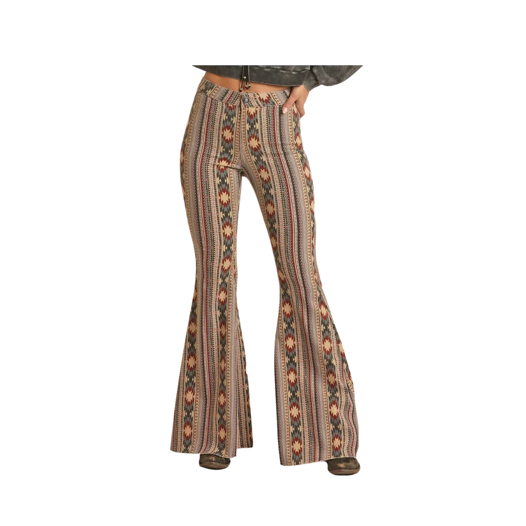 Panhandle Slim Women's High Rise Stretch Tan Aztec Bell Bottom Jeans